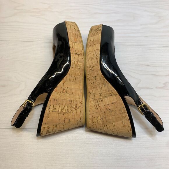 Stuart Weitzman Womens 11M Riveria Sandals Black Patent Leather Slingback Wedge - Picture 2 of 10